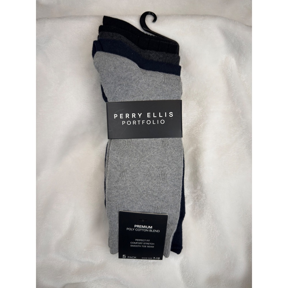 Perry Ellis Portfolio Mens 5 Pack Dress Socks Black Grey Navy Blue New Sz 7-12